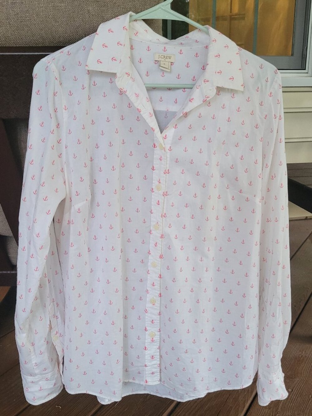 J. Crew Light Weight Long Sleeve Buttoned Down CORAL Anchor Print Shirt Womens M